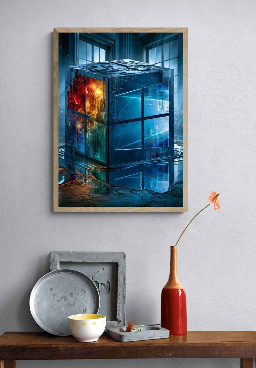 Futuristic Neon Cube Illustration Poster. — room view 3