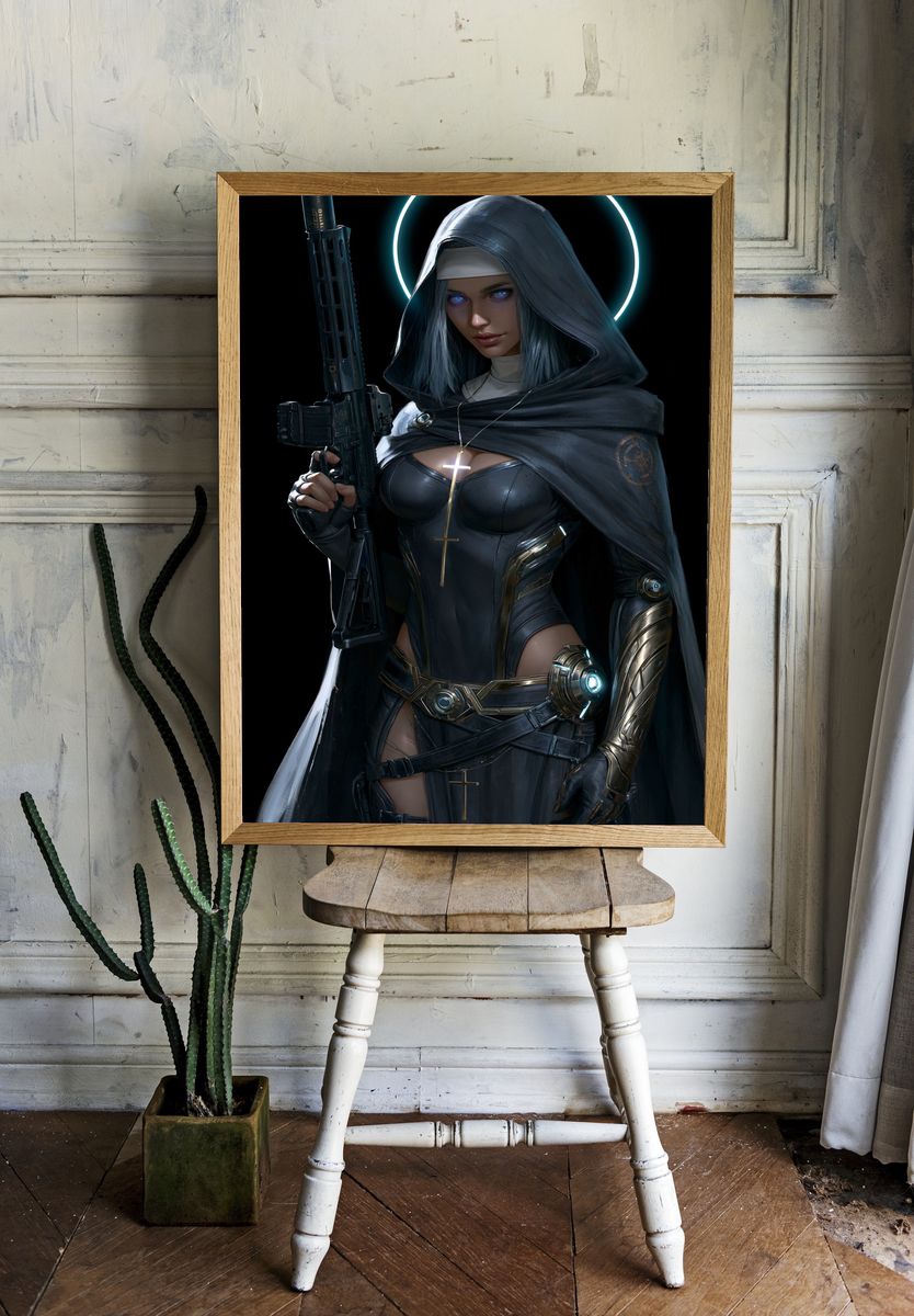 Cyber Nun Warrior Illustration Poster. — room view 1