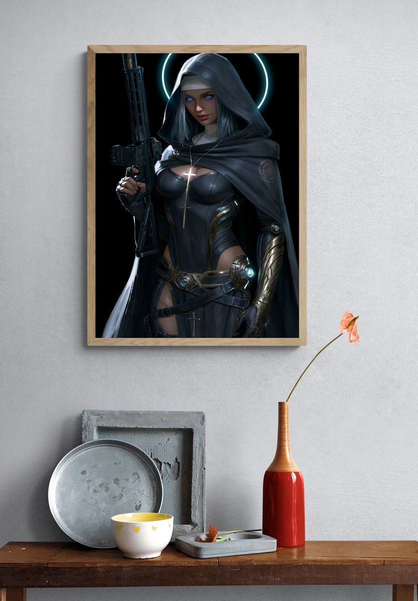 Cyber Nun Warrior Illustration Poster. — room view 3