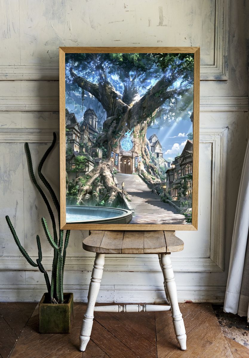 Enchanted Tree Village Fantasy Print. room preview