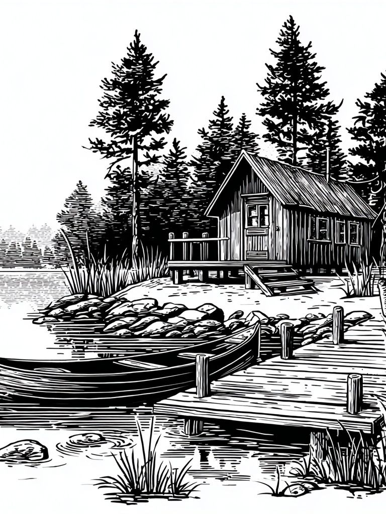 Lakeside Cabin Line Art Poster. poster detail