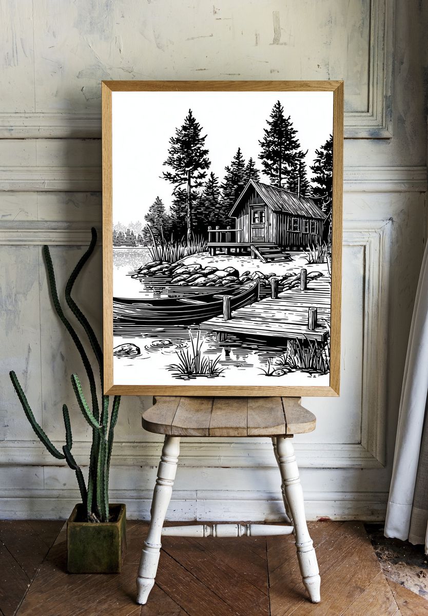 Lakeside Cabin Line Art Poster. — room view 1