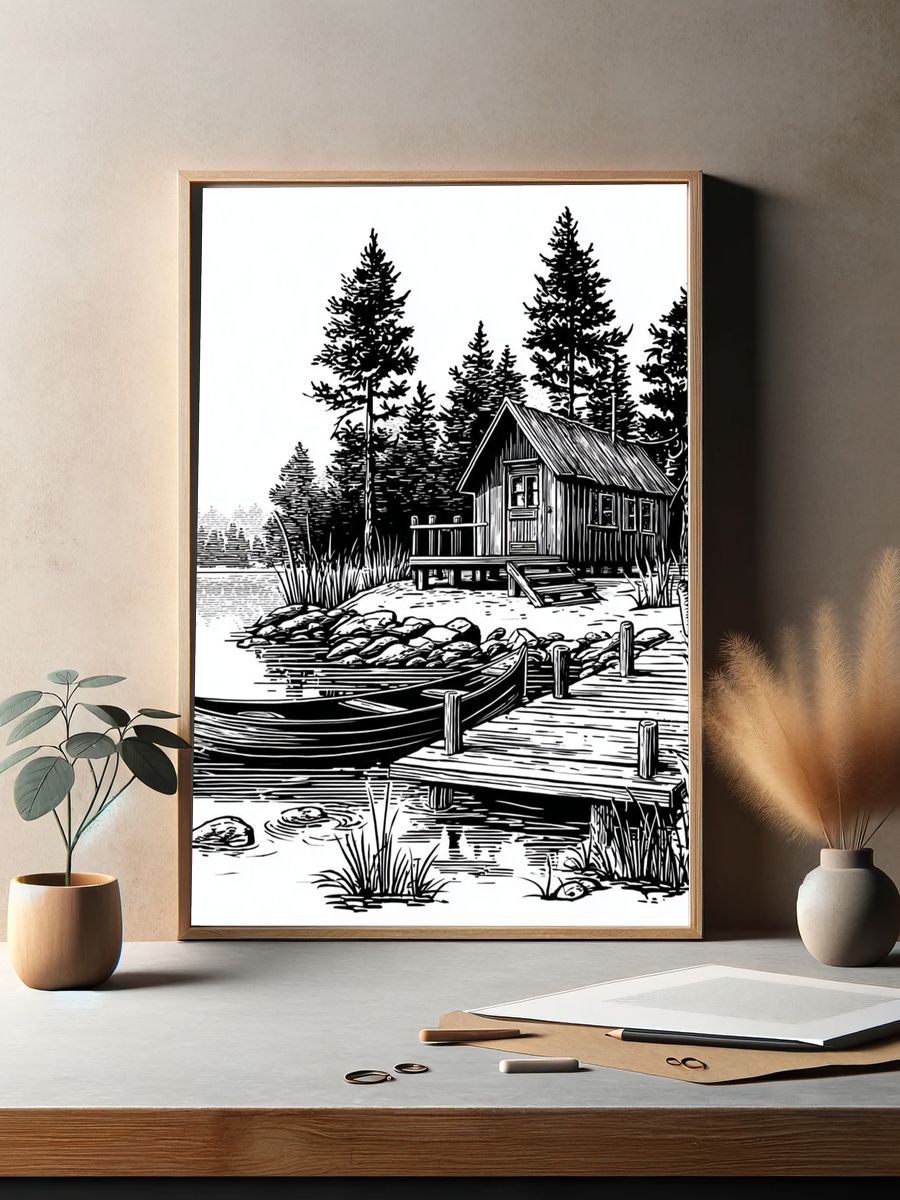 Lakeside Cabin Line Art Poster. — room view 2