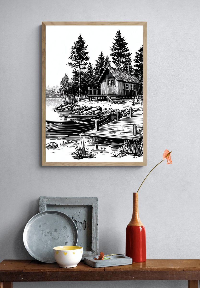 Lakeside Cabin Line Art Poster. — room view 3
