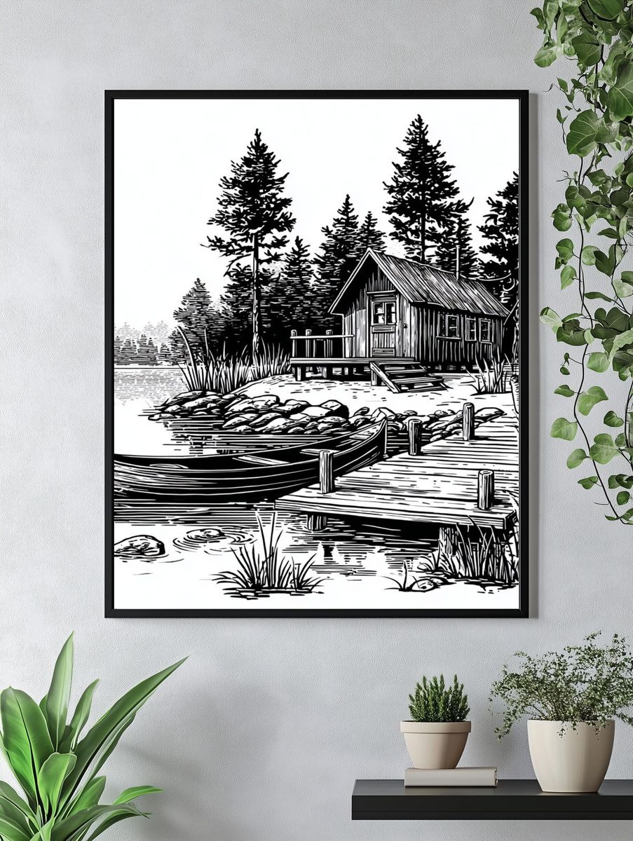 Lakeside Cabin Line Art Poster. — room view 4