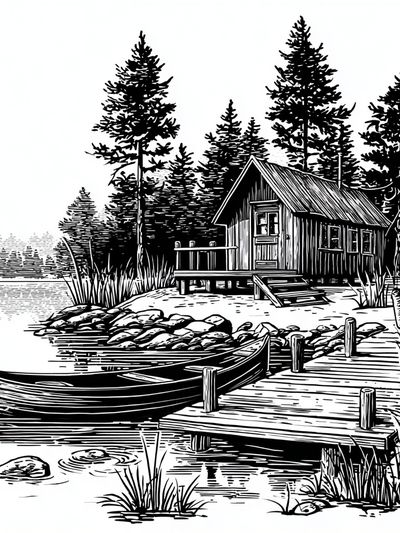 Lakeside Cabin Line Art Poster. poster