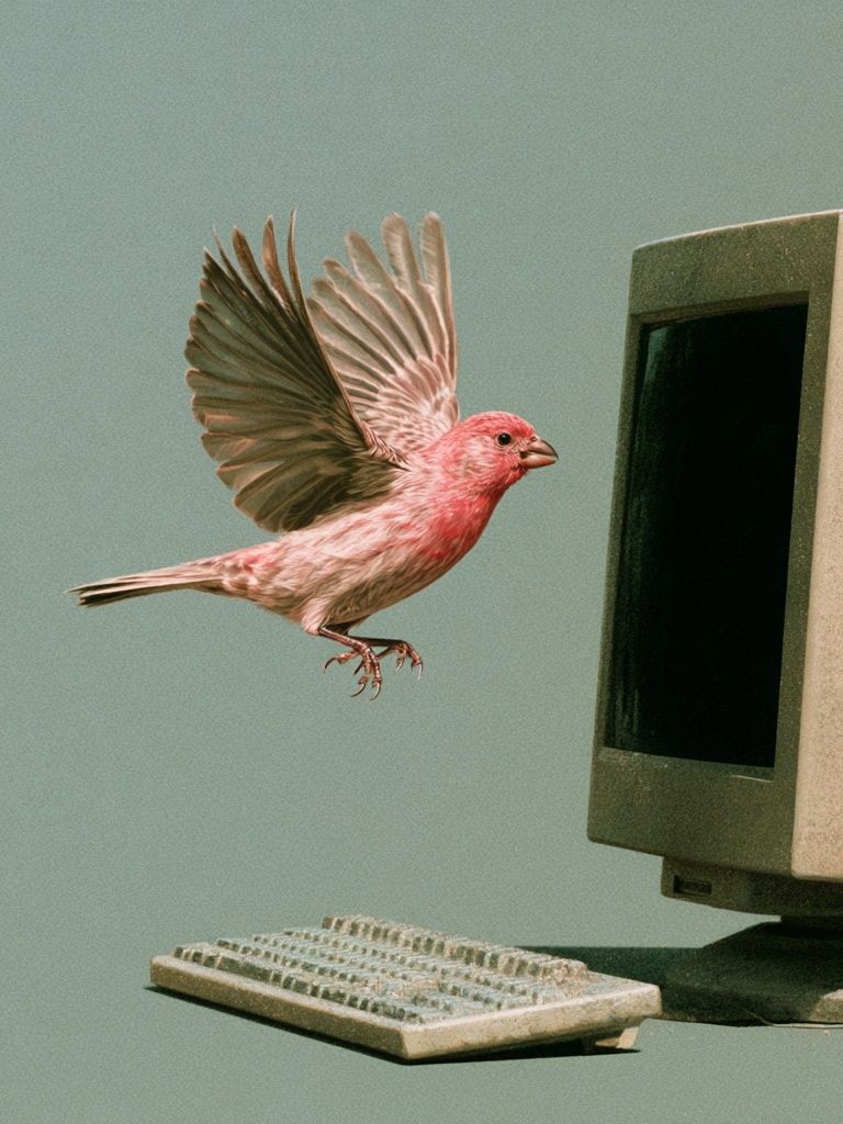 Pink Bird Computer Surrealism Print. poster — illustration art