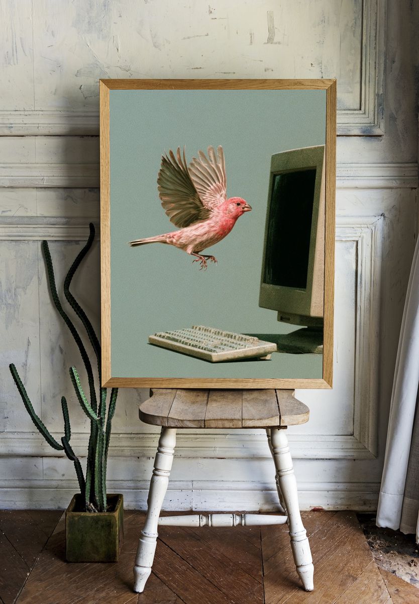 Pink Bird Computer Surrealism Print. room preview