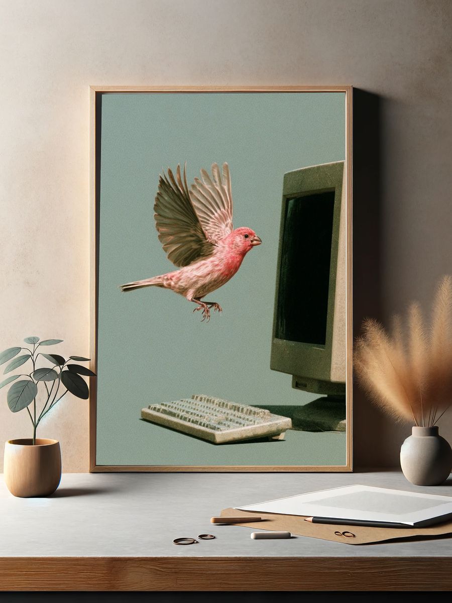 Pink Bird Computer Surrealism Print. — room view 2