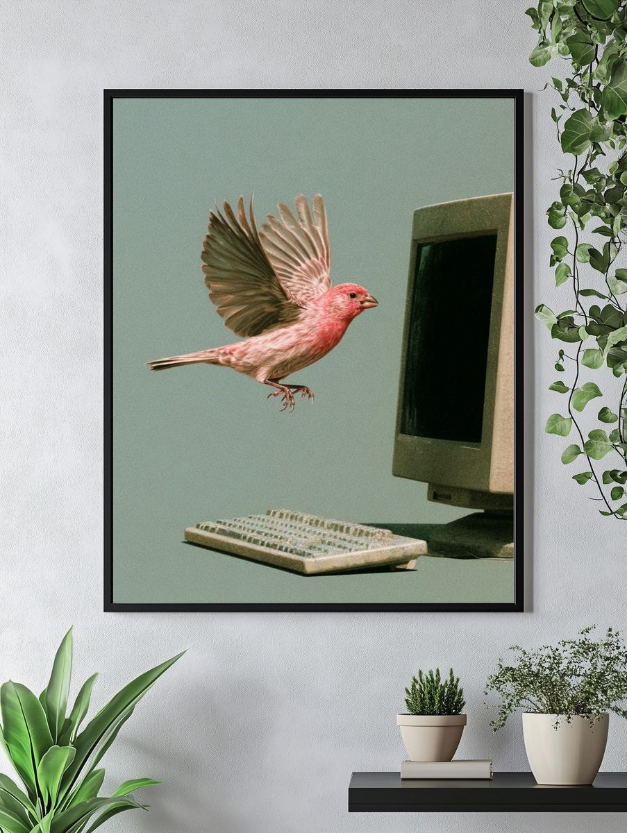 Pink Bird Computer Surrealism Print. — room view 4