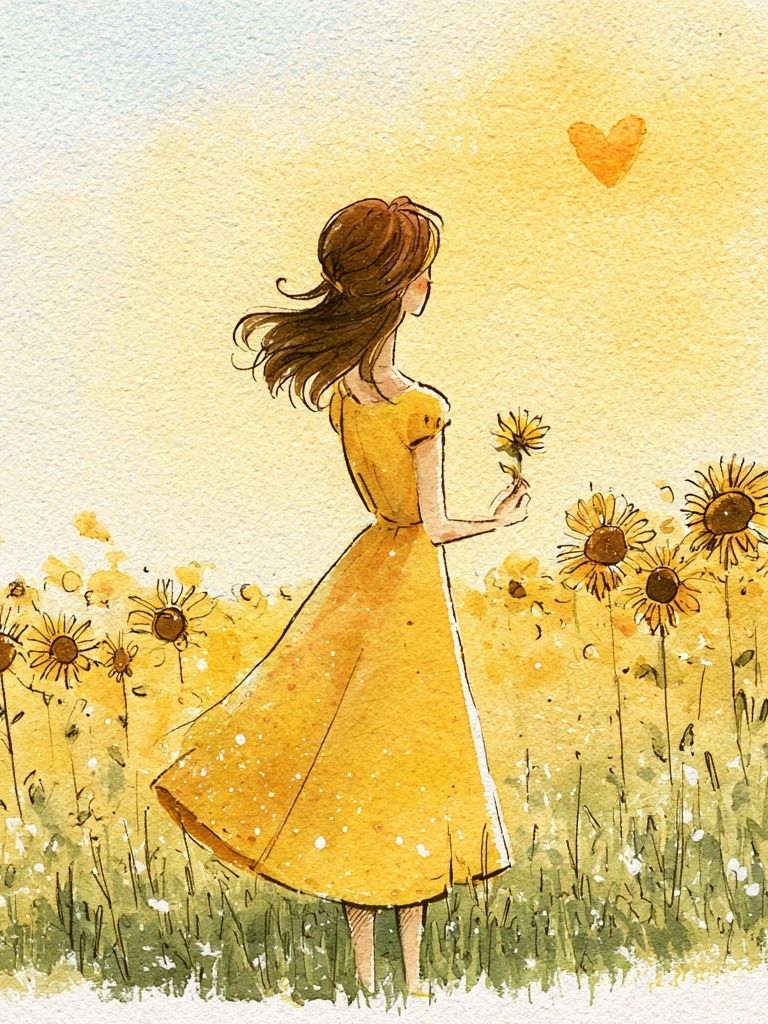 Girl in Sunflower Field Watercolor Poster. poster detail