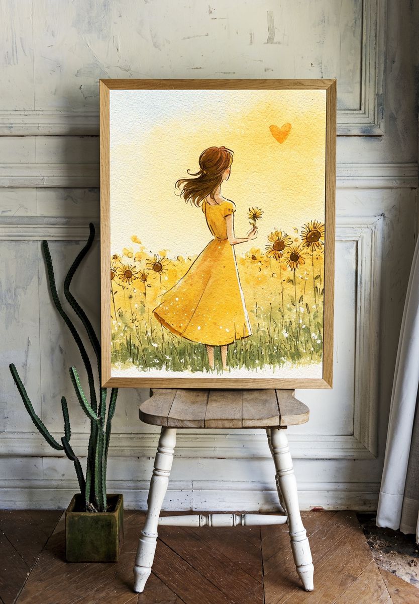Girl in Sunflower Field Watercolor Poster. room preview