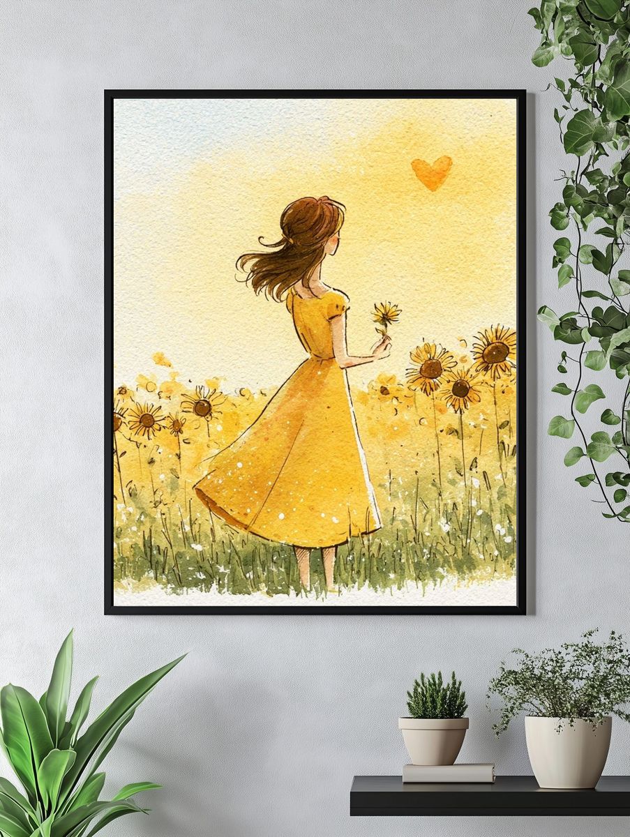 Girl in Sunflower Field Watercolor Poster. — room view 4