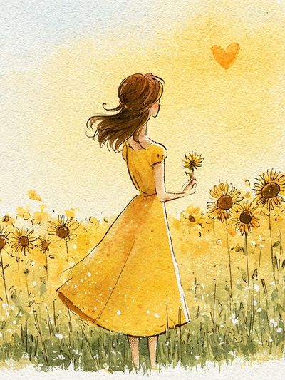 Girl in Sunflower Field Watercolor Poster.