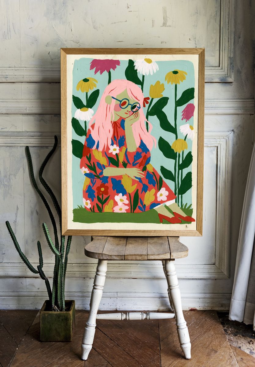 Pink-Haired Girl Floral Illustration Poster. — room view 1