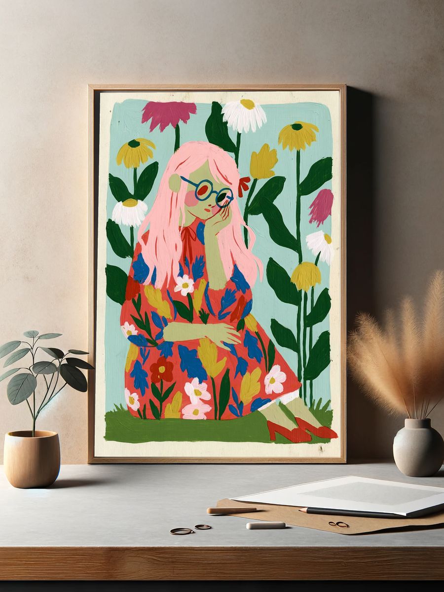 Pink-Haired Girl Floral Illustration Poster. — room view 2