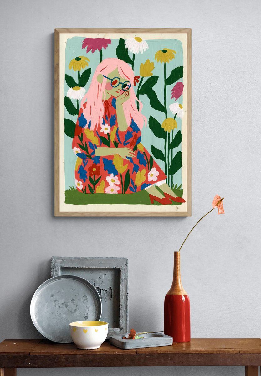 Pink-Haired Girl Floral Illustration Poster. — room view 3
