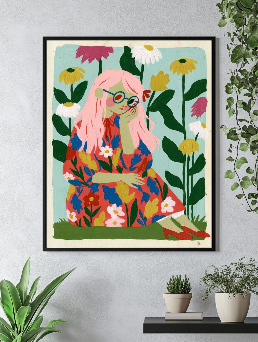 Pink-Haired Girl Floral Illustration Poster. — room view 4