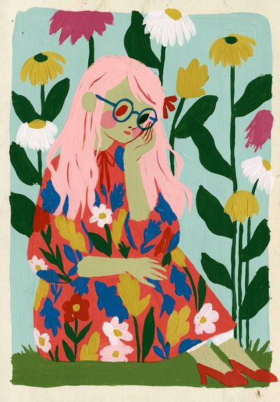 Pink-Haired Girl Floral Illustration Poster.