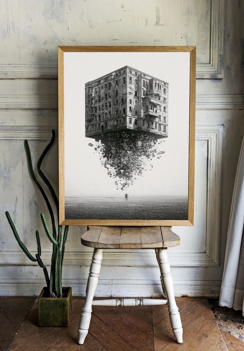 Floating Building Surrealism Print. — room view 1