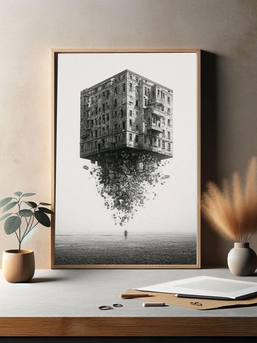 Floating Building Surrealism Print. — room view 2