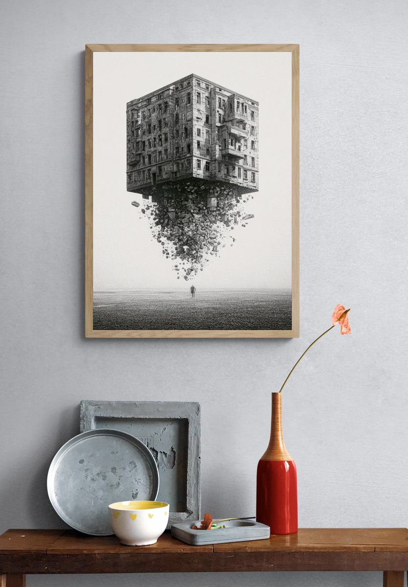 Floating Building Surrealism Print. — room view 3