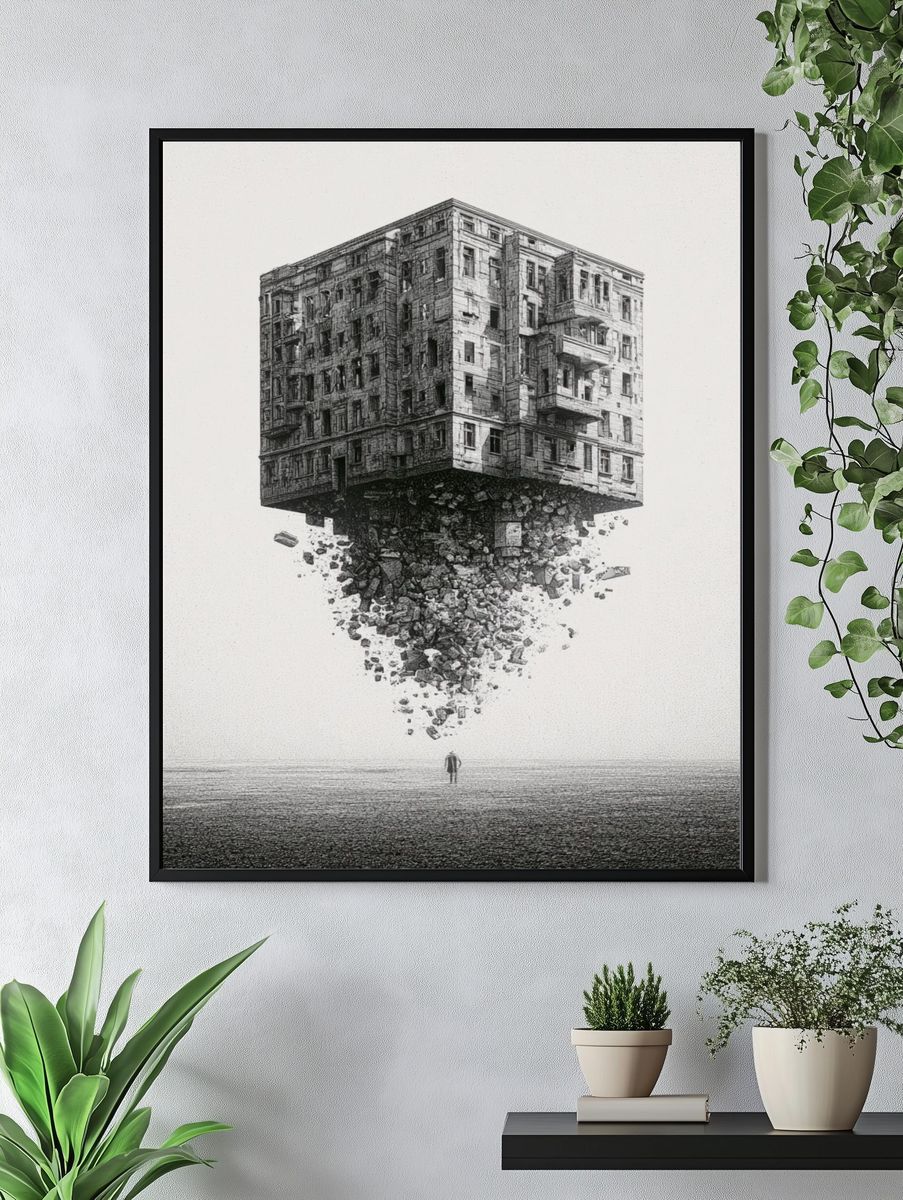 Floating Building Surrealism Print. — room view 4
