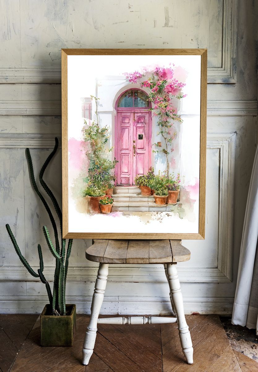 Pink Door Watercolor Print. room preview