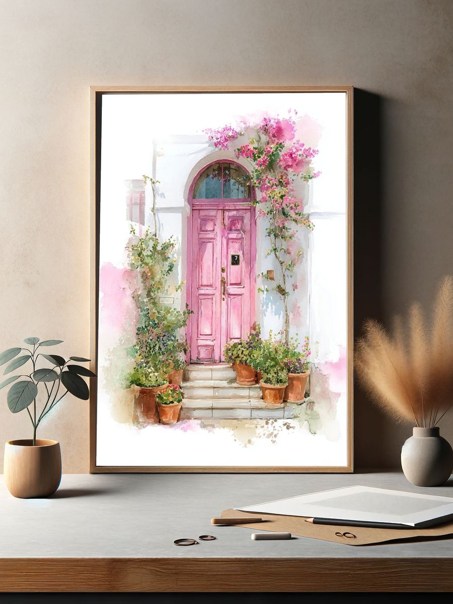 Pink Door Watercolor Print. — room view 2