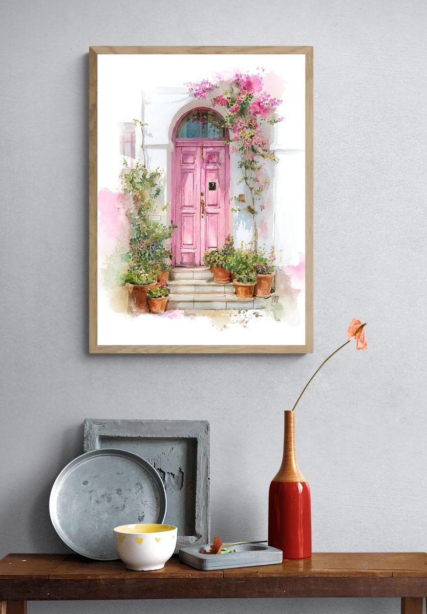 Pink Door Watercolor Print. — room view 3