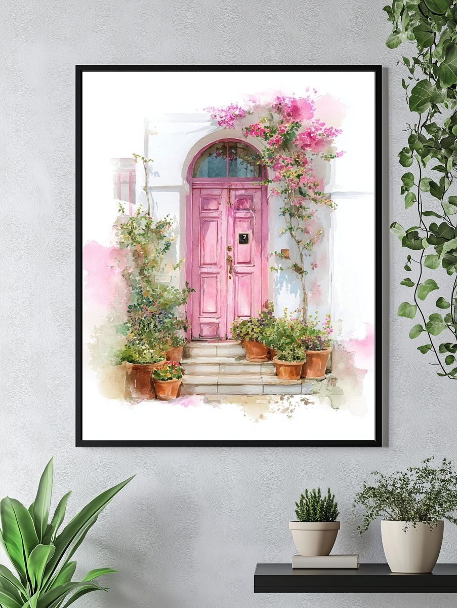 Pink Door Watercolor Print. — room view 4
