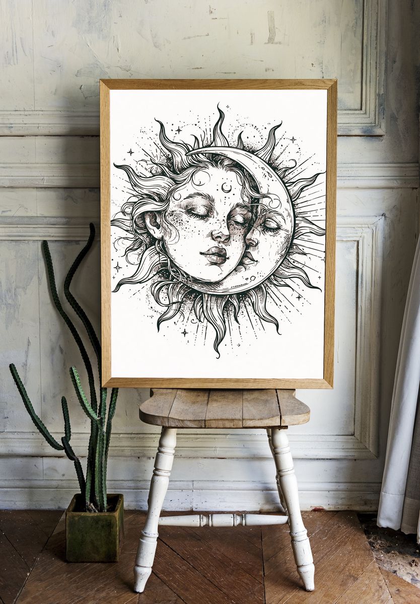 Celestial Sun and Moon Illustration Poster. — room view 1