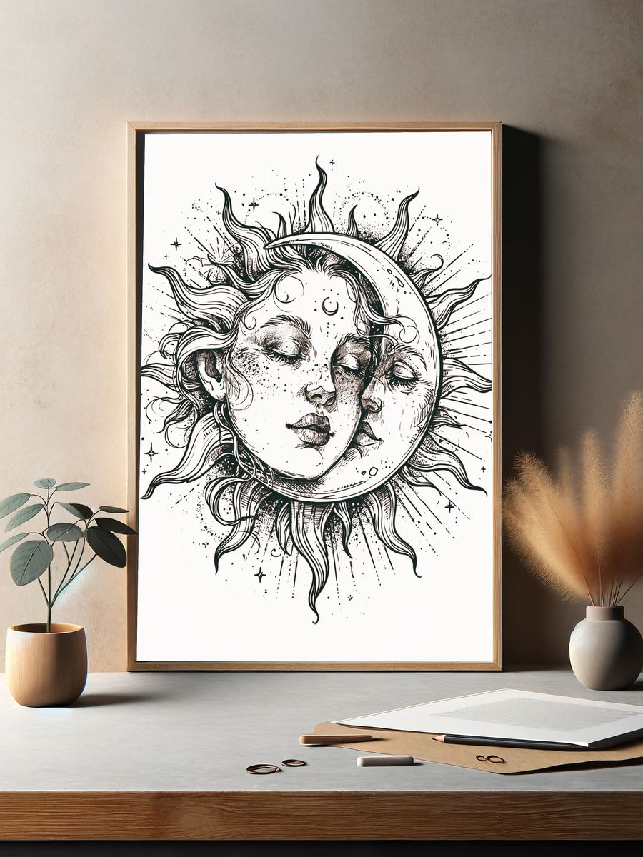 Celestial Sun and Moon Illustration Poster. — room view 2