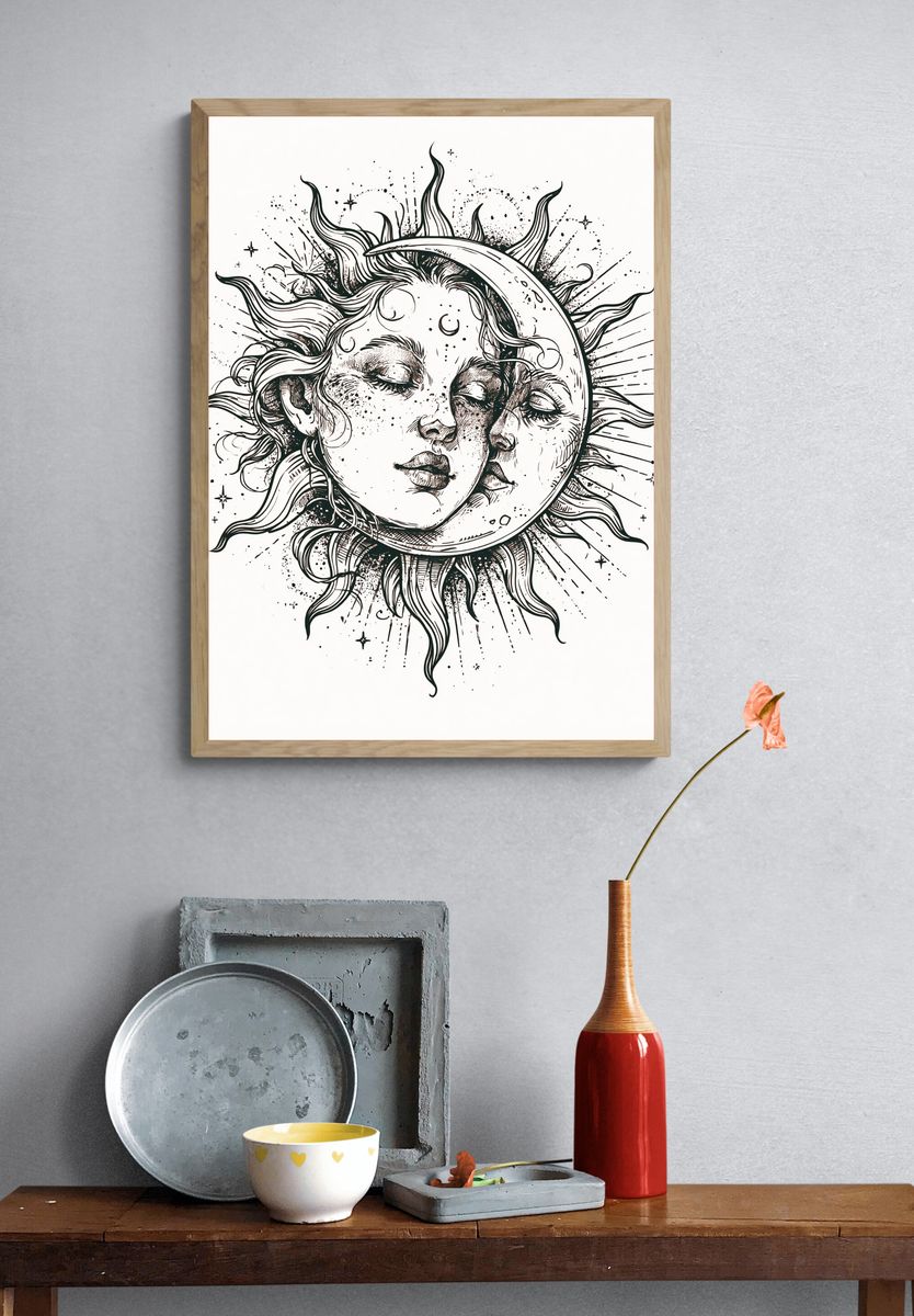 Celestial Sun and Moon Illustration Poster. — room view 3