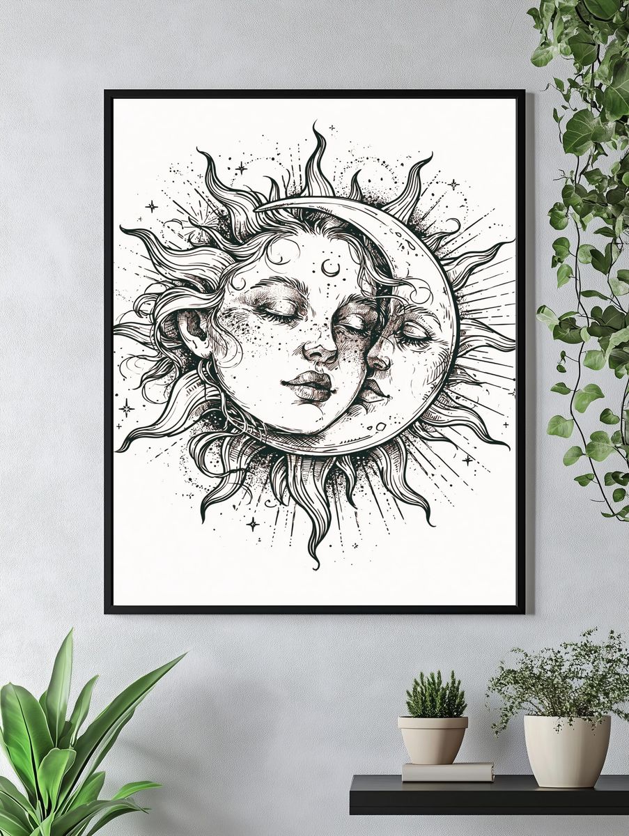 Celestial Sun and Moon Illustration Poster. — room view 4
