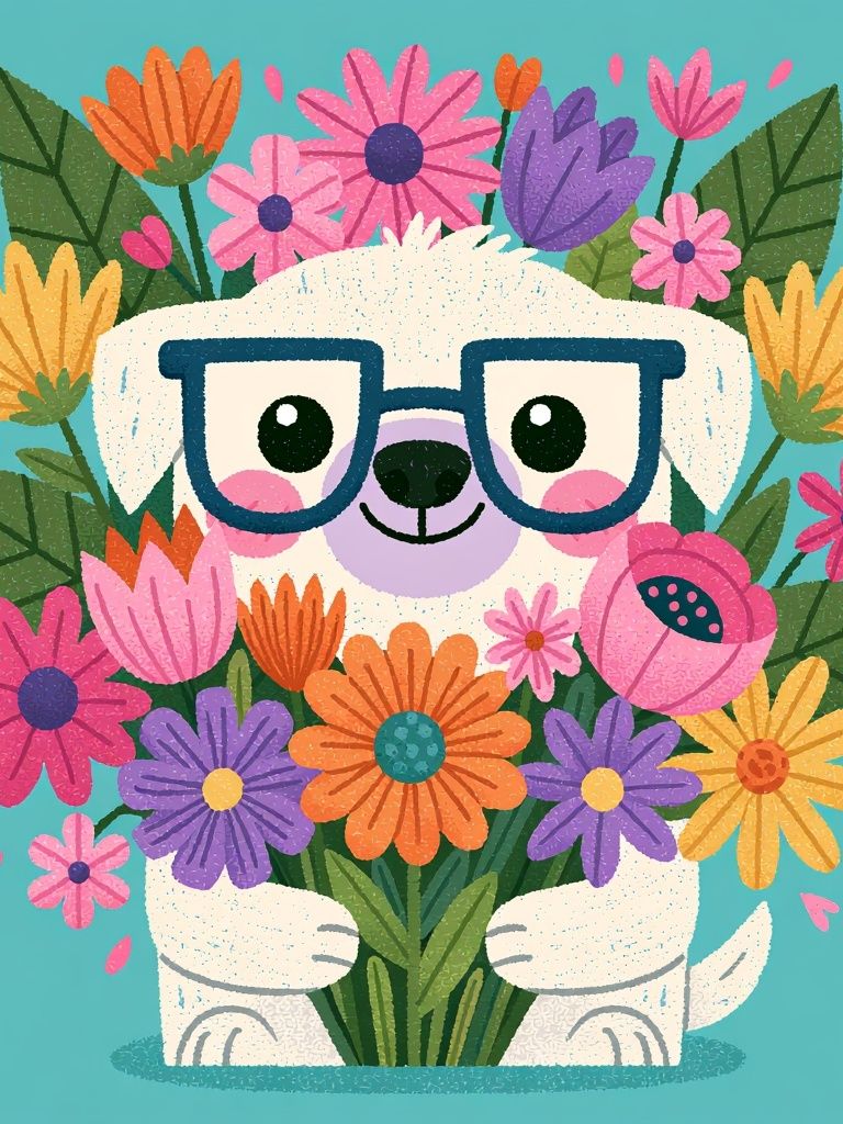 Flower Hugging Dog Illustration Poster. poster detail