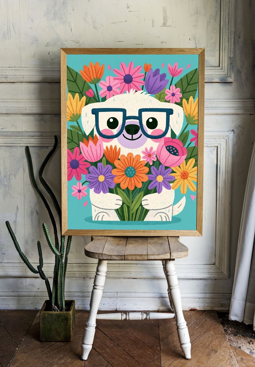 Flower Hugging Dog Illustration Poster. room preview