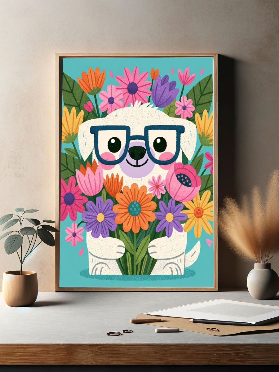 Flower Hugging Dog Illustration Poster. — room view 2