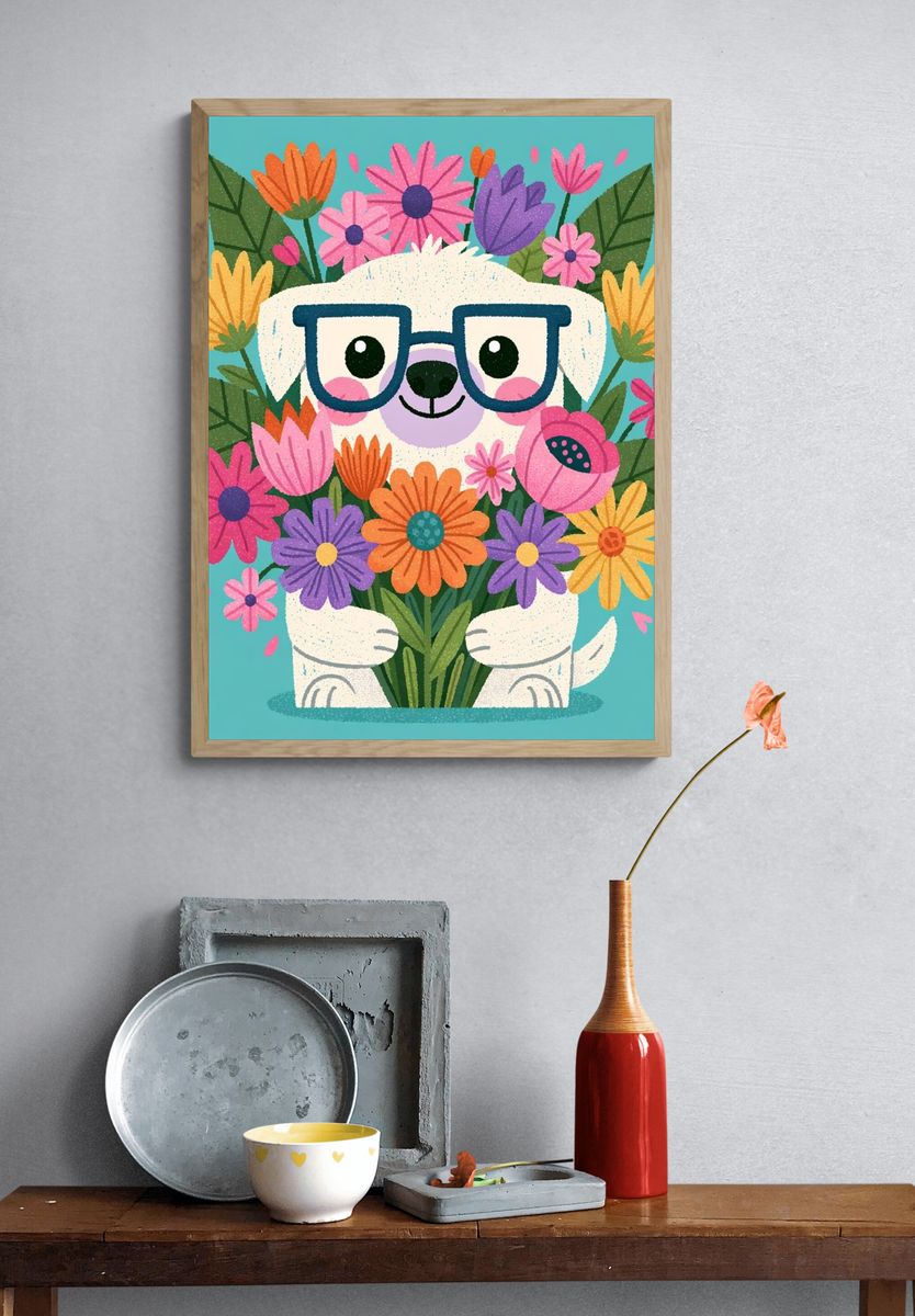 Flower Hugging Dog Illustration Poster. — room view 3