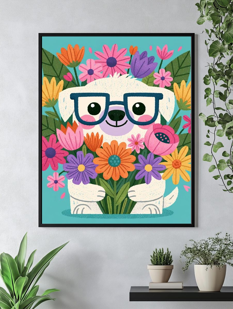Flower Hugging Dog Illustration Poster. — room view 4