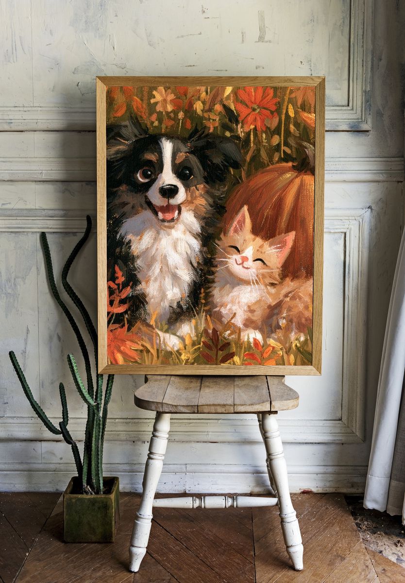 Autumn Puppies and Kitten Illustration Poster. room preview