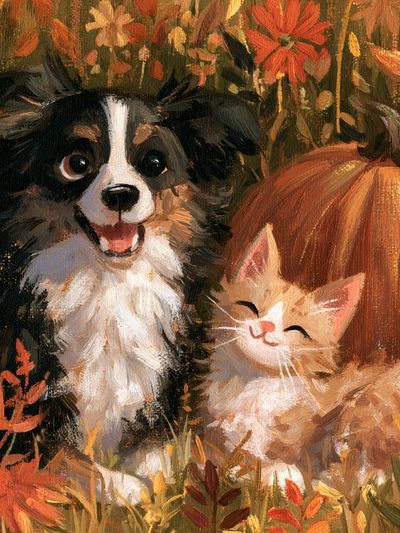 Autumn Puppies and Kitten Illustration Poster. poster