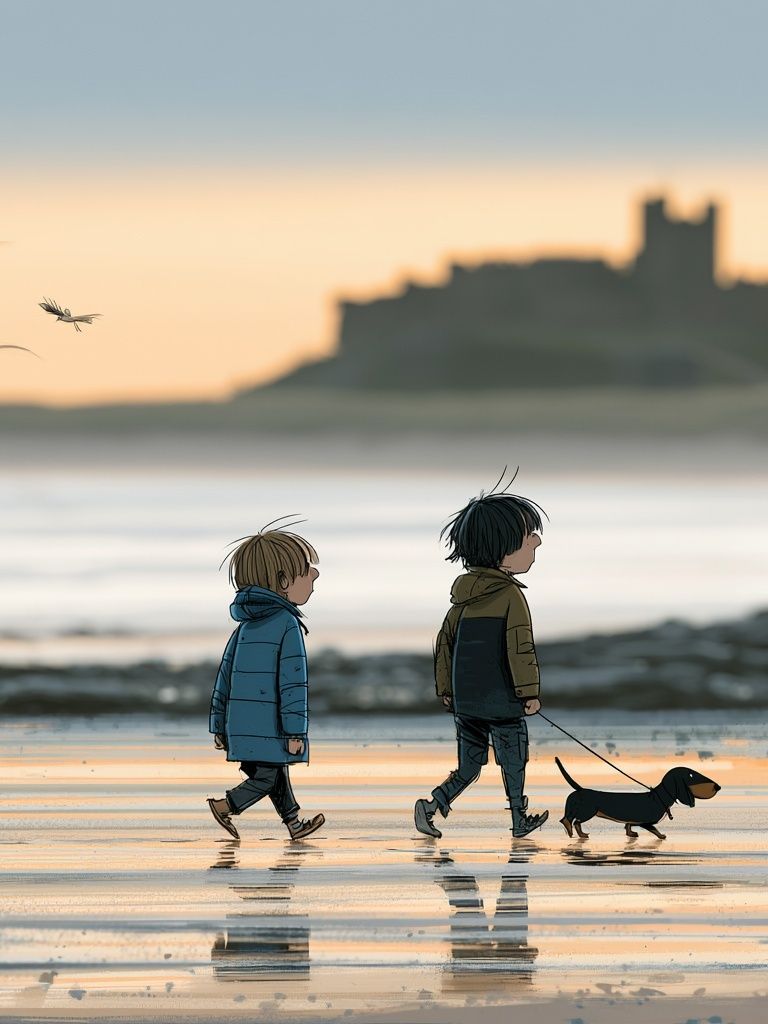 Children and Dachshund Beach Walk Poster. poster detail