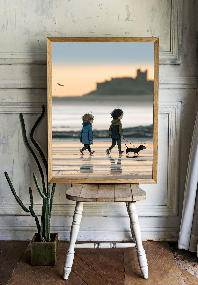 Children and Dachshund Beach Walk Poster. room preview