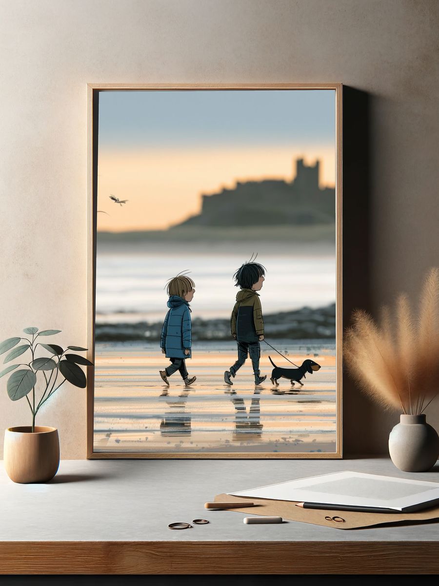 Children and Dachshund Beach Walk Poster. — room view 2