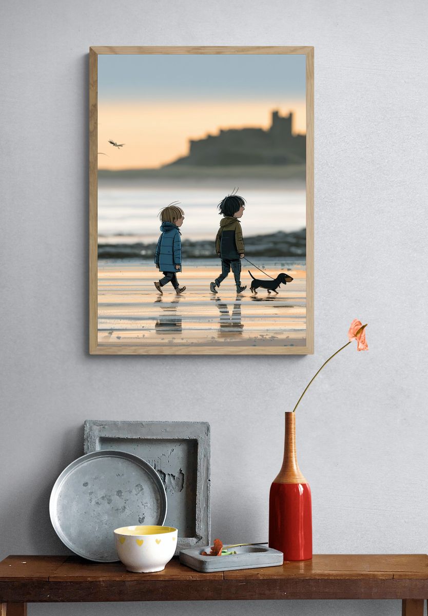Children and Dachshund Beach Walk Poster. — room view 3