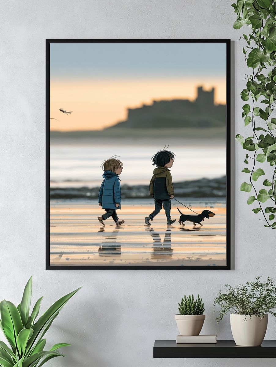 Children and Dachshund Beach Walk Poster. — room view 4