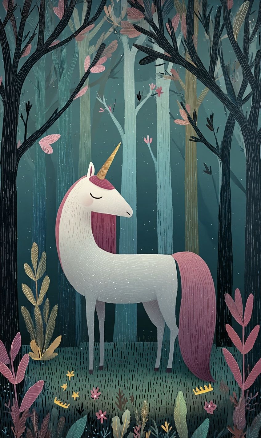 Sleeping Unicorn Forest Illustration Poster. poster detail