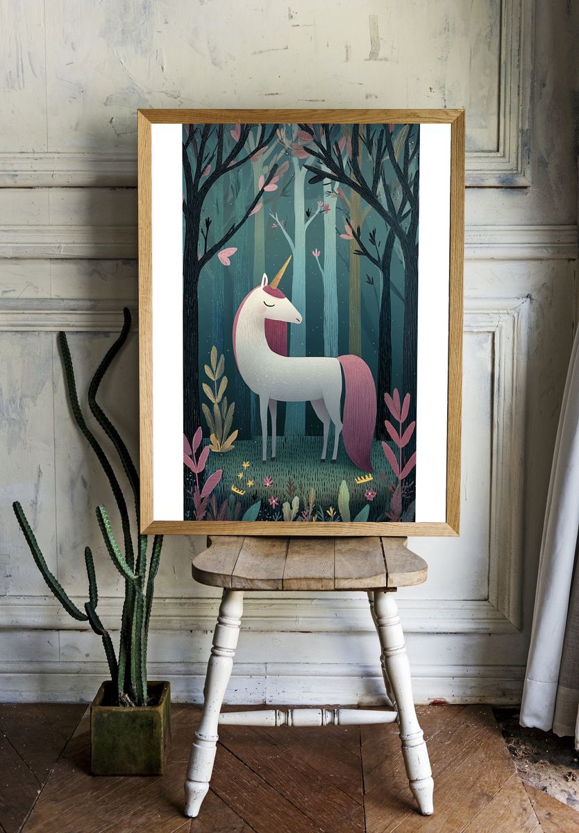 Sleeping Unicorn Forest Illustration Poster. room preview