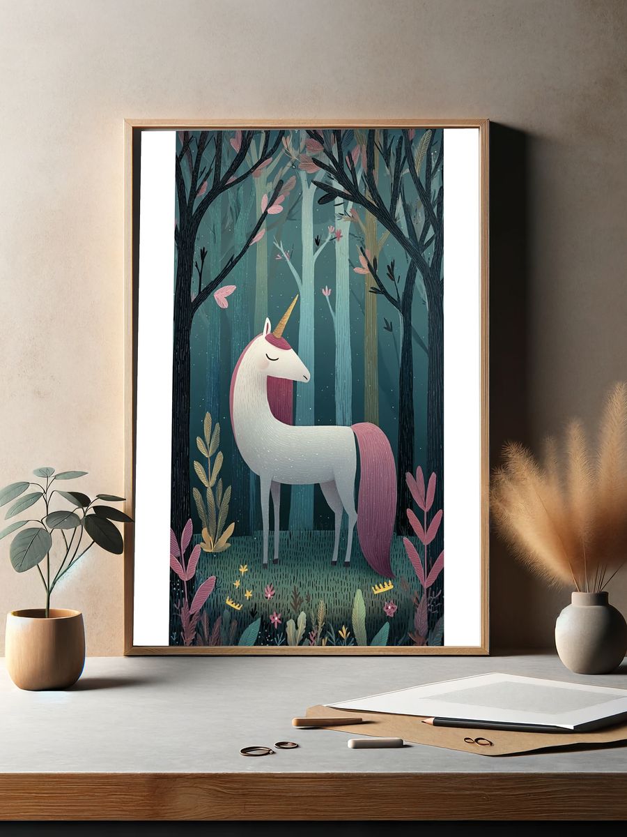 Sleeping Unicorn Forest Illustration Poster. — room view 2